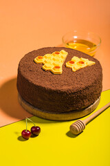 Honey cake with cherries on a bright multicolored background. Side view with a copy space for the text.