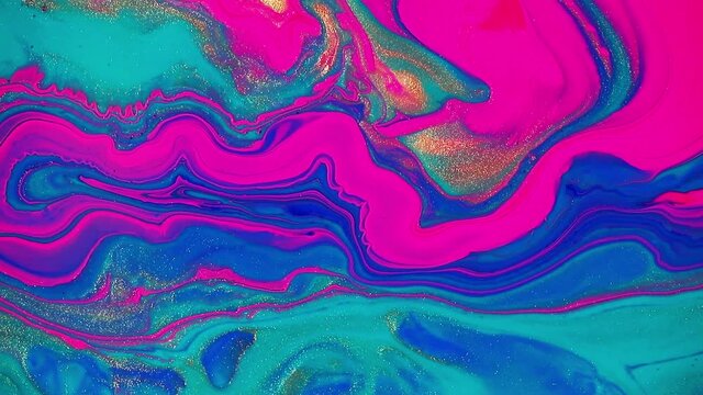 Fluid art drawing video, modern acrylic texture with colorful waves. Liquid paint mixing backdrop with splash and swirl. Detailed background motion with blue, pink and golden overflowing colors