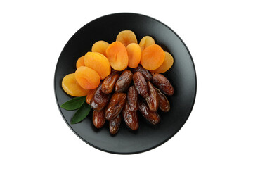 Plate with dried dates and apricots isolated on white background