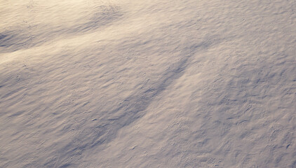 White fluffy snow, texture or background, top view.