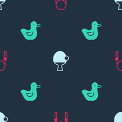 Set Jump rope, Racket and ball and Rubber duck on seamless pattern. Vector.