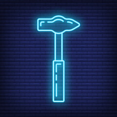 Hammer neon construction repair tool icon, concept sledgehammer work toolkit renovation house line flat vector illustration, isolated on dark brickwork.