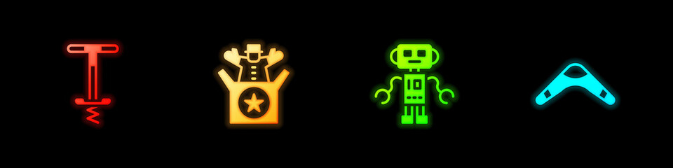 Set Pogo stick jumping toy, Jack the box, Robot and Boomerang icon. Vector.