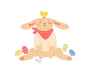Cute bunny sitting with painted Easter eggs. Funny rabbit with chicken on its head. Colored flat vector illustration isolated on white background