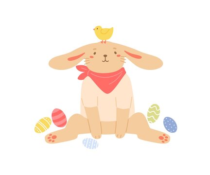 Cute bunny sitting with painted Easter eggs. Funny rabbit with chicken on its head. Colored flat vector illustration isolated on white background