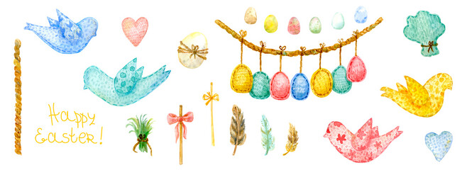 Watercolor Easter set: felt birds, hearts and  Easter eggs, grass, feathers, sticks with bow. Handmade home decor. Isolated on white. Perfect for Easter card, poster