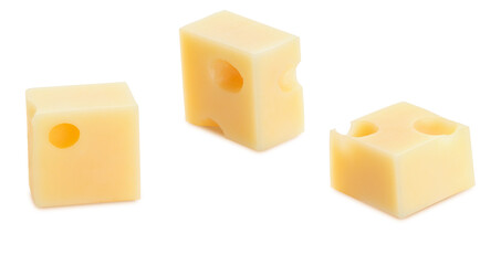 Portions (cubes, dice) of Emmental Swiss cheese. Texture of holes and alveoli. Isolated on white...