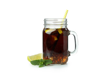 Glass jar of Cuba Libre isolated on white background