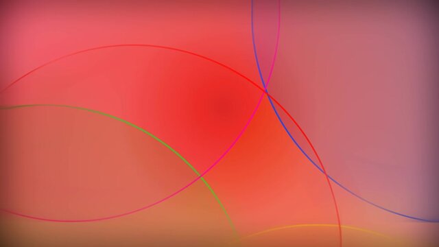 Abstract animation of  color background pattern, background with large white lights or circle bokeh shapes overlapping in random pattern with intersecting lines and border. Loop.