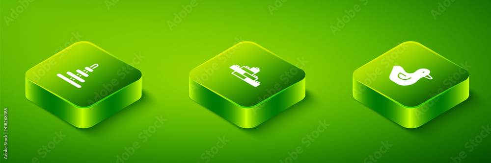 Poster set isometric toy building block bricks, rubber duck and pyramid toy icon. vector.