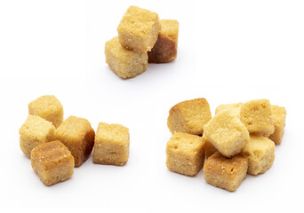 Cluster crispy croutons. Cubes of bread toasted and fried in oil. Isolated white background