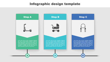 Set Scooter, Baby stroller and Jump rope. Business infographic template. Vector.