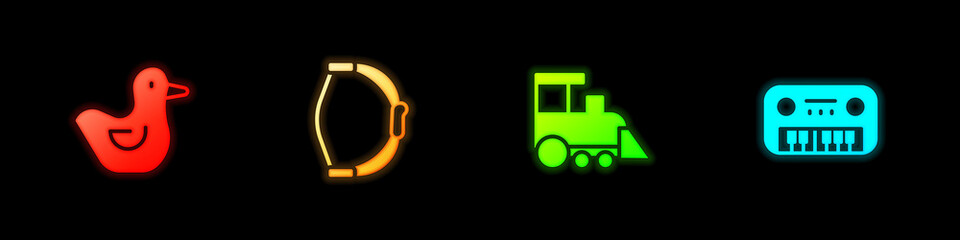 Set Rubber duck, Bow toy, Toy train and piano icon. Vector.