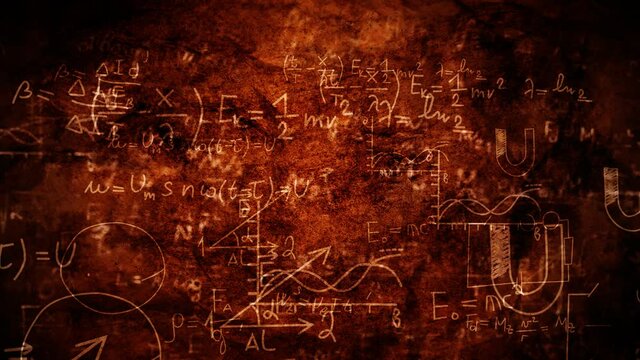 Abstract Physical formulas, graphics and scientific calculations. Science lab objects doodle vintage style sketches on aged paper or rocky background. Back to School.