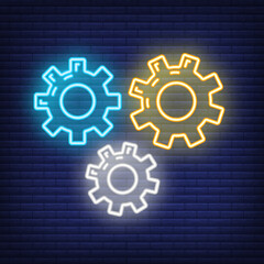 Gear neon pinion mechanism icon, concept engineering stuff object flat vector illustration art, isolated on dark brickwork.