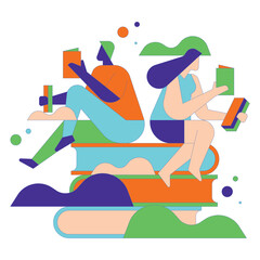 Man and woman reading books sitting on many books vector illustration.