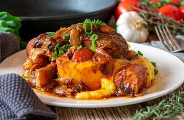 Beef stew with mashed potatoes and vegetables on a plate