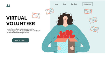 Volunteering, volunteer services, altruistic job activity concept. Website app landing web page template. Flat vector cartoon illustration with female character