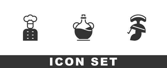 Set Italian cook, Bottle of olive oil and Roman army helmet icon. Vector.