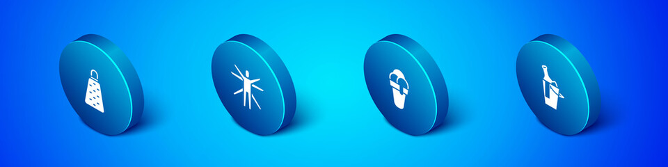 Set Isometric Grater, Ice cream, Bottle of wine in bucket and Vitruvian Man icon. Vector.