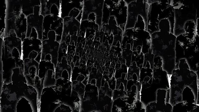 Abstract camera zoom in Group of black people. Crowd of black people silhouettes.