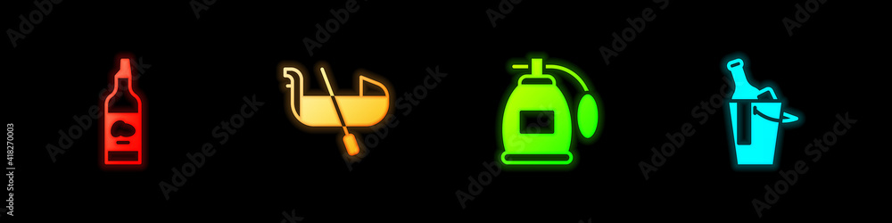 Sticker Set Bottle of olive oil, Gondola, Perfume and wine in bucket icon. Vector.