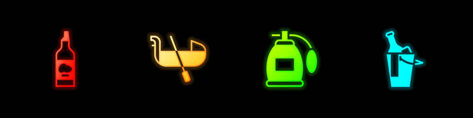 Set Bottle of olive oil, Gondola, Perfume and wine in bucket icon. Vector.
