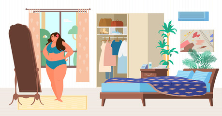 Obraz premium Plus Size Woman Trying on a Swimsuit In a Bedroom. Flat Vector Illustration.