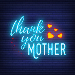 Concept neon Happy Mother's Day banner, logo, label and poster, vector illustration on brickwork background. Calligraphy and font greeting, wedding, celebration card.
