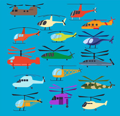 Different helicopters icons set, vector illustration. Military, construction, firefighting, search and rescue, tourism, medical helicopter, isolated on blue sky background