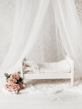 Newborn baby girl bed in a photo studio with dusty pink roses