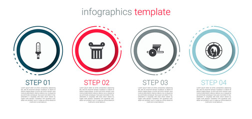 Set Medieval sword, Ancient column, chariot and Greek coin. Business infographic template. Vector.