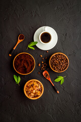 Obraz na płótnie Canvas Black coffee espresso with coffee beans, top view