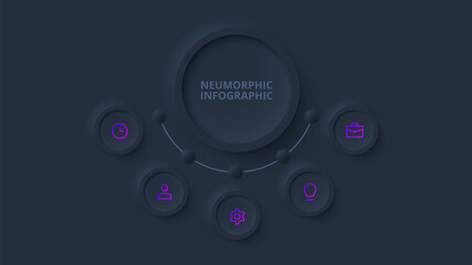 Dark neumorphic rings for infographic. Template for diagram, graph, presentation and chart. Skeuomorph concept with 5 options, parts, steps or processes