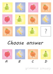 Logic game for kids, activity to children, task for the development of logical thinking and mind, cute cartoon fruits. Education game for preschool kids.