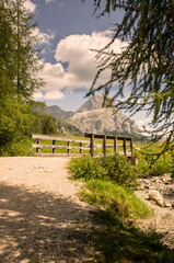 mountain landscape with wooden bridge