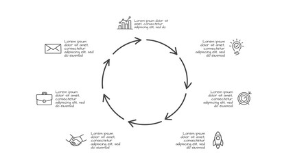 Doodle infographic elements with 6 options. Hand drawn icons. Thin line illustration