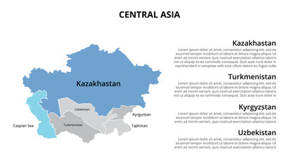 Central Asia vector map infographic template divided by countries. Slide presentation