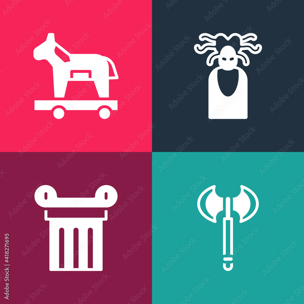 Poster set pop art medieval axe, ancient column, medusa gorgon and trojan horse icon. vector.