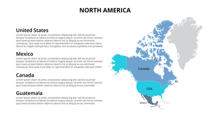 North America vector map infographic template divided by countries. Slide presentation