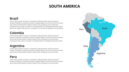 South America vector map infographic template divided by countries. Slide presentation