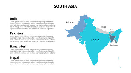 South Asia vector map infographic template divided by countries. Slide presentation