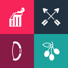 Set pop art Olives branch, Medieval bow, Crossed arrows and Broken ancient column icon. Vector.