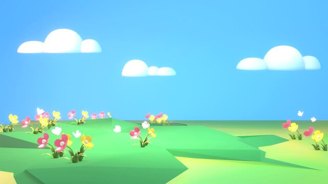 Looped cartoon landscape of flowers, butterflies, and white clouds in the blue sky animation.