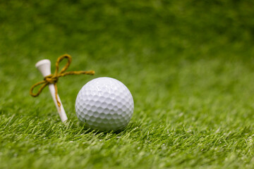 Golf ball and tee is on green grass