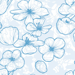 Fototapeta na wymiar Blue seamless pattern of hand drawn magnolias. Beautiful flowers with abstract background