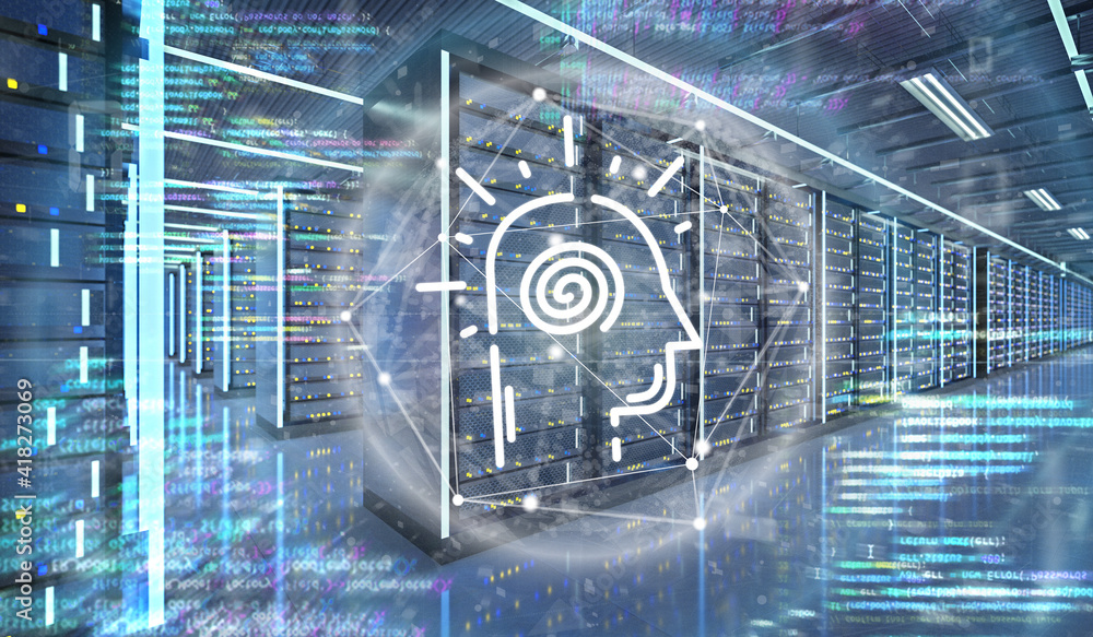 Poster artificial intelligence icon in a server room data center - 3d rendering