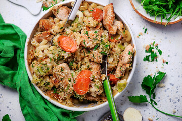 Pasta casserole with turkey and vegetables.top veiw