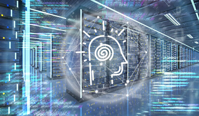 Artificial intelligence icon in a Server room data center - 3d rendering