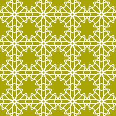 Fototapeta premium A decorative star or flower repeating outline pattern in white on a gold background, geometric vector illustration